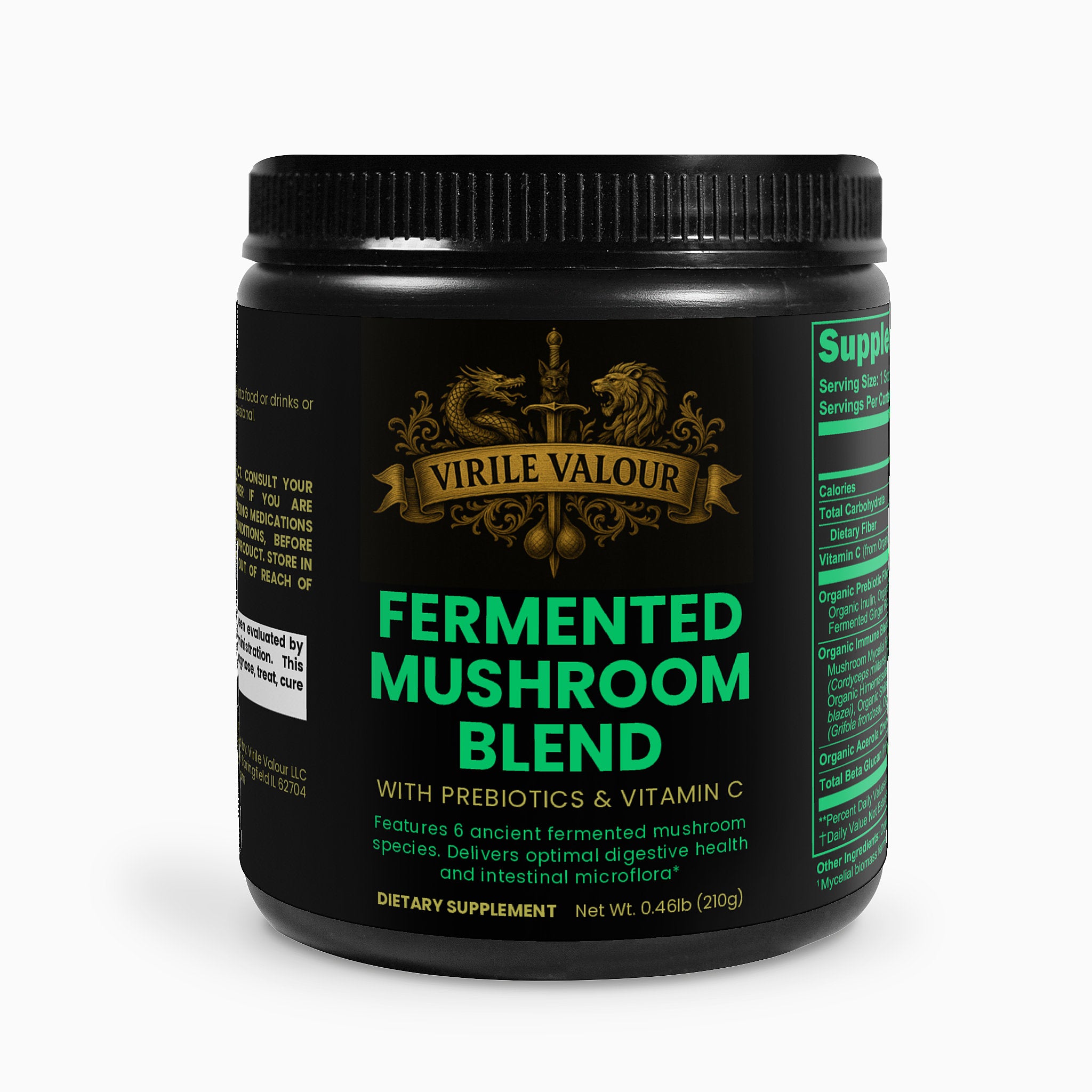 Black container of Virile Valour Fermented Mushroom Blend on a white background