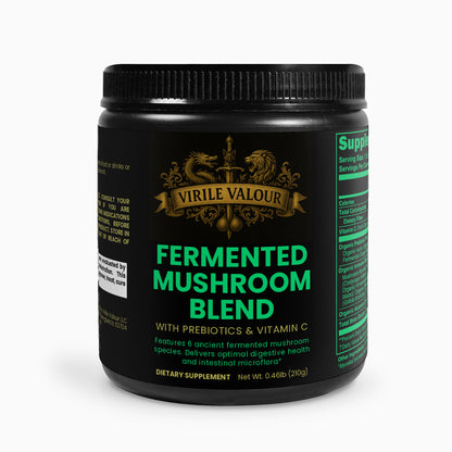 Black container of Virile Valour Fermented Mushroom Blend on a white background