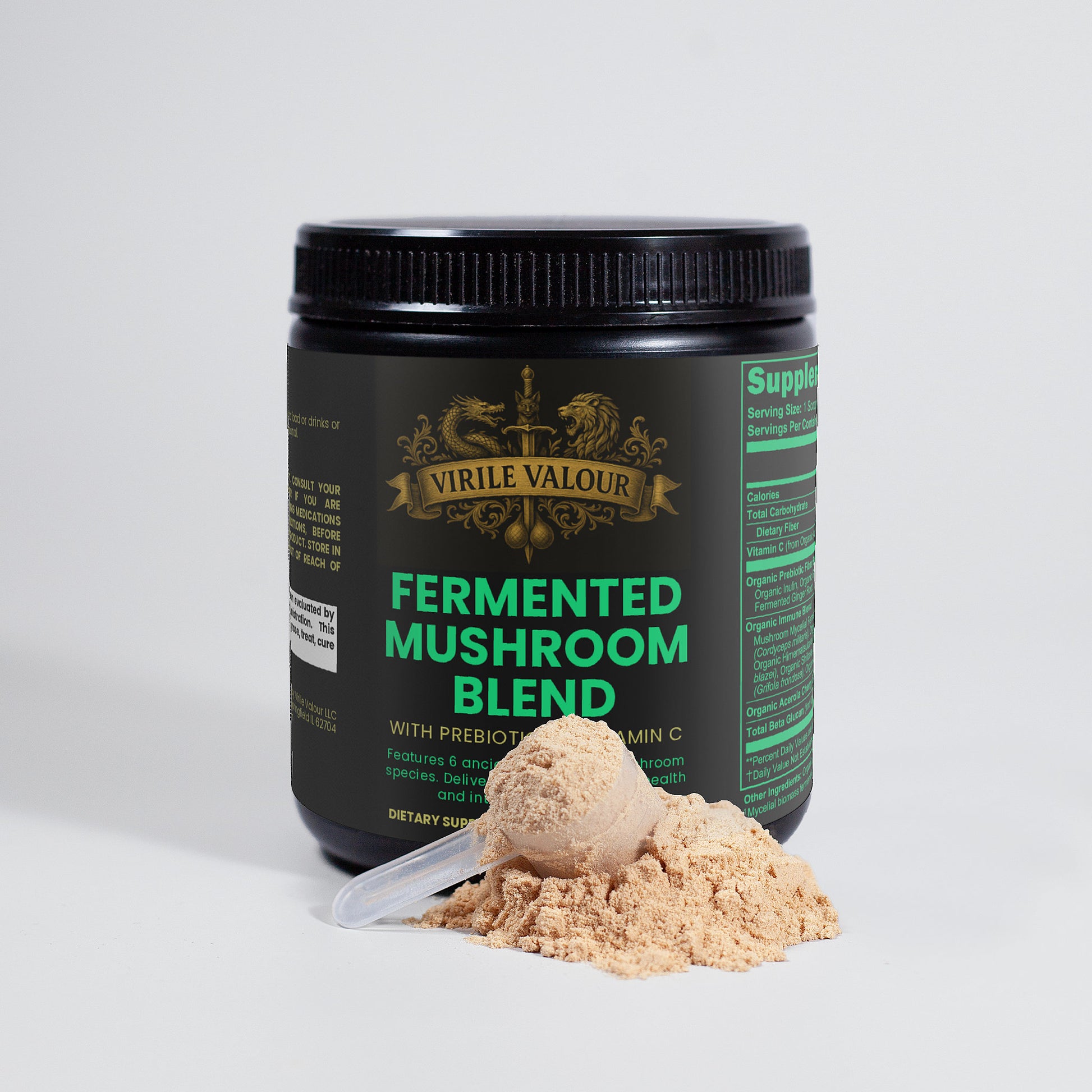 Jar of Virile Valour Fermented Mushroom Blend with powder and scoop on a light gray background