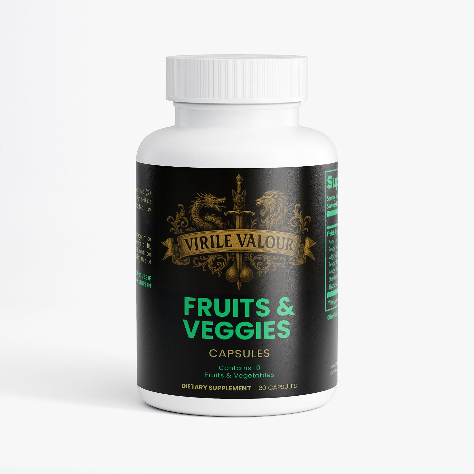 Supplement bottle labeled 'Virile Valour Fruits & Veggies' on a white background