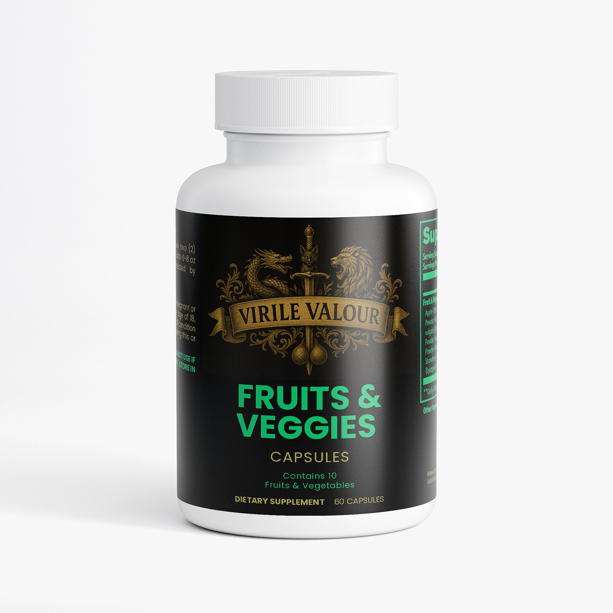 Supplement bottle labeled 'Virile Valour Fruits & Veggies' on a white background