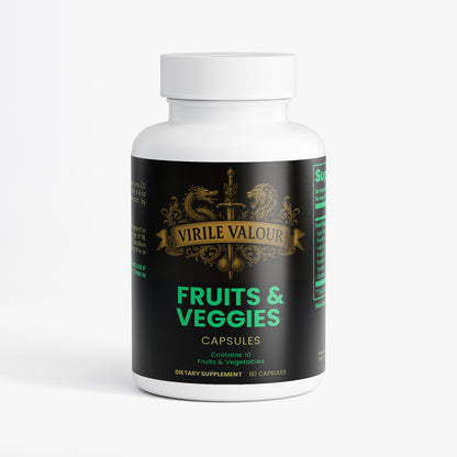 Supplement bottle labeled 'Virile Valour Fruits & Veggies' on a white background