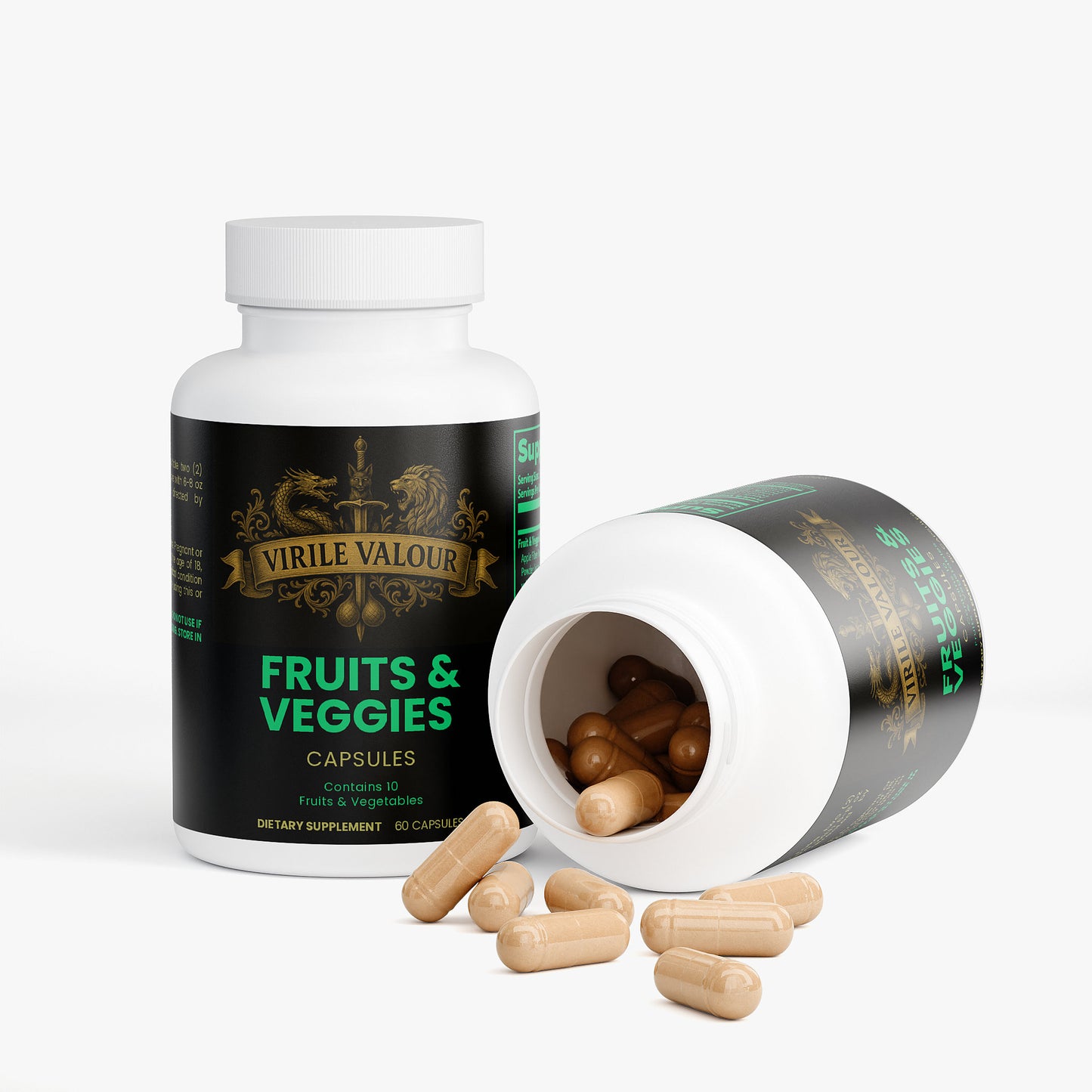 Supplement bottle labeled 'Virile Valour Fruits & Veggies' with open cap showing capsules on a white background