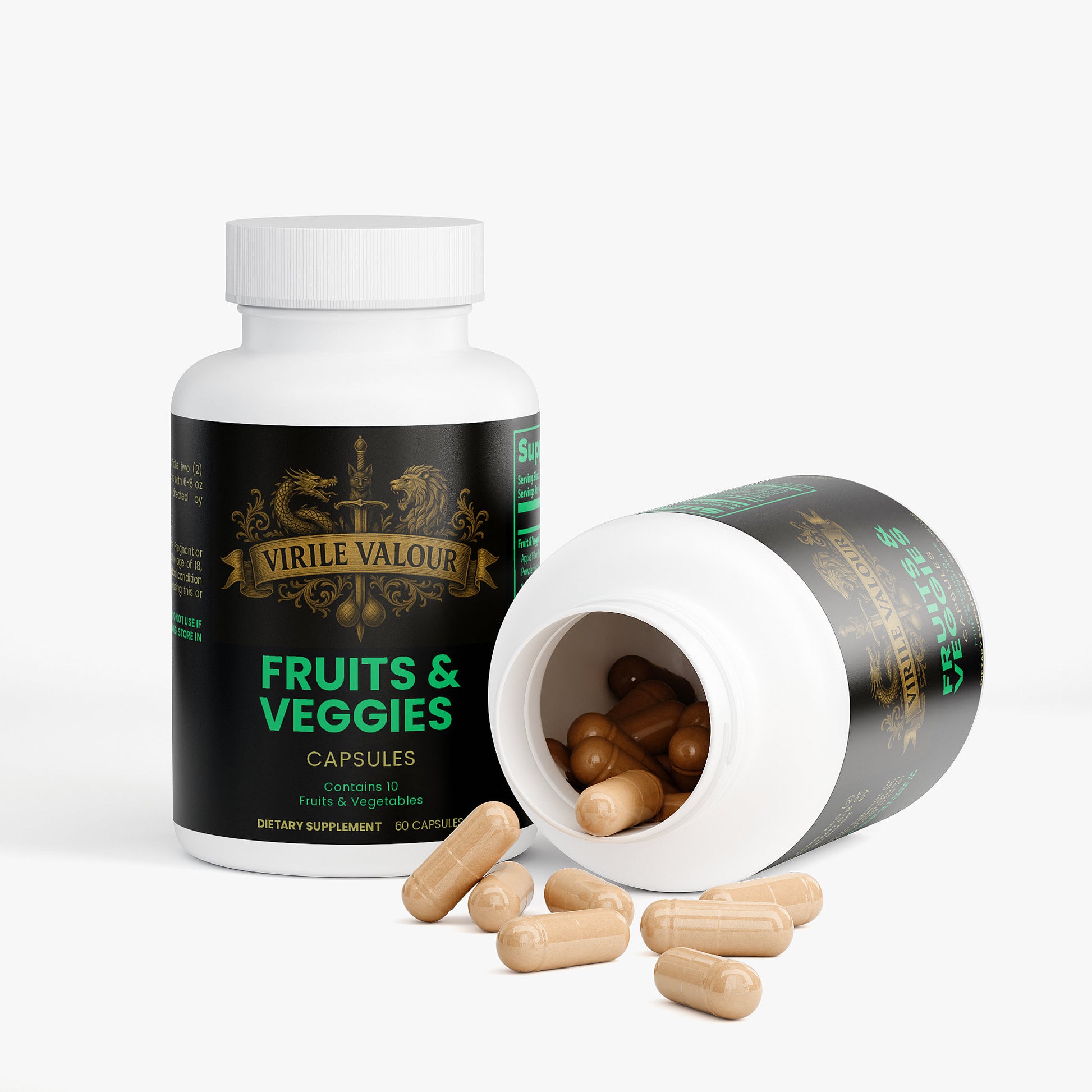 Supplement bottle labeled 'Virile Valour Fruits & Veggies' with open cap showing capsules on a white background
