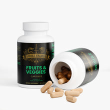 Supplement bottle labeled 'Virile Valour Fruits & Veggies' with open cap showing capsules on a white background