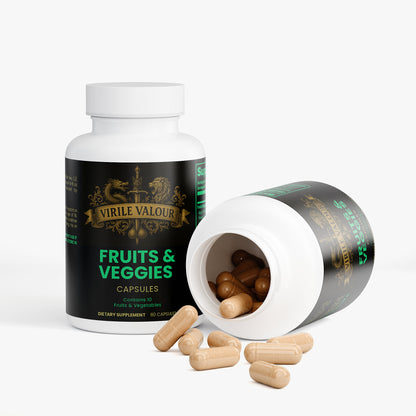 Supplement bottle labeled 'Virile Valour Fruits & Veggies' with open cap showing capsules on a white background