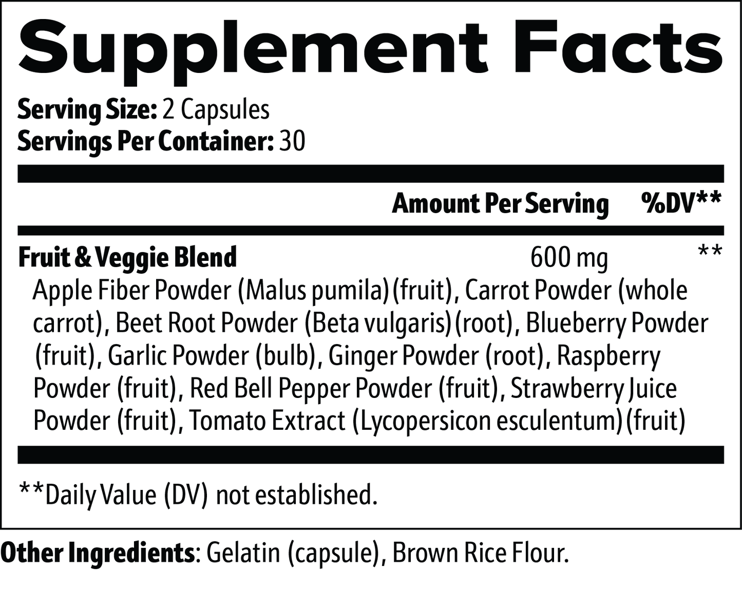 Virile Valour Fruits and Veggies For Men supplement facts label with detailed ingredient list on a white background