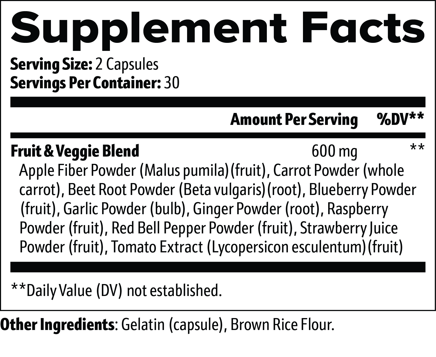 Virile Valour Fruits and Veggies For Men supplement facts label with detailed ingredient list on a white background