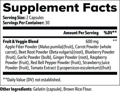 Virile Valour Fruits and Veggies For Men supplement facts label with detailed ingredient list on a white background