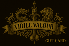 Virile Valour Gift Card — Empower the Modern Man, card design with dragons, a lion, and a sword on a black background