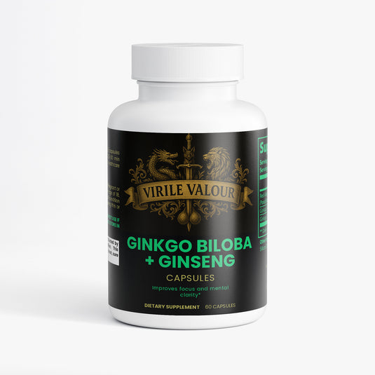 Supplement bottle labeled 'Ginkgo Biloba + Ginseng' by Virile Valour on a white background