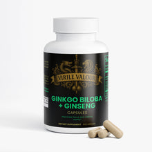 Supplement bottle labeled 'Virile Valour Ginkgo Biloba + Ginseng' with capsules on a white background