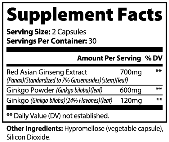 Virile Valour Ginkgo Biloba Ginseng For Men supplement  facts label with detailed ingredient information and serving sizes.
