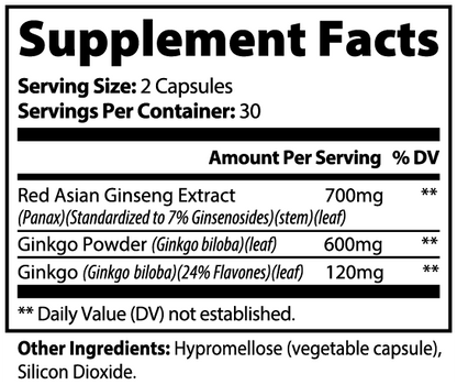 Virile Valour Ginkgo Biloba Ginseng For Men supplement  facts label with detailed ingredient information and serving sizes.