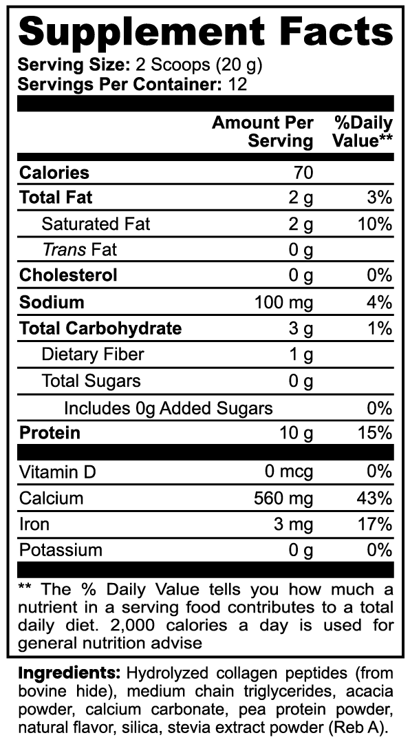 Virile Valour Grass-Fed Collagen Creamer Vanilla For Men Supplement Facts label for a product with nutritional information.