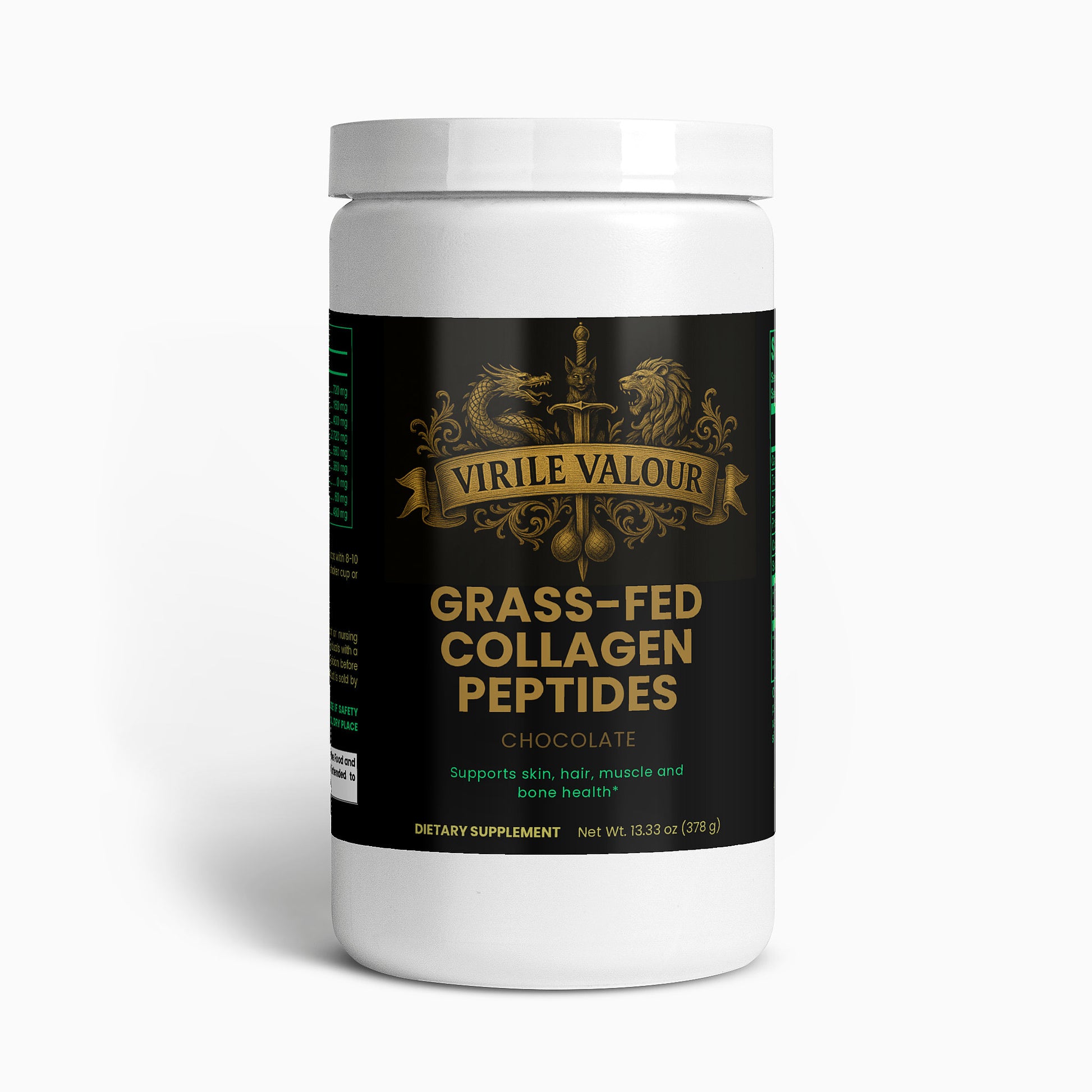 Container of Virile Valour Grass-Fed Collagen Peptides on a white background