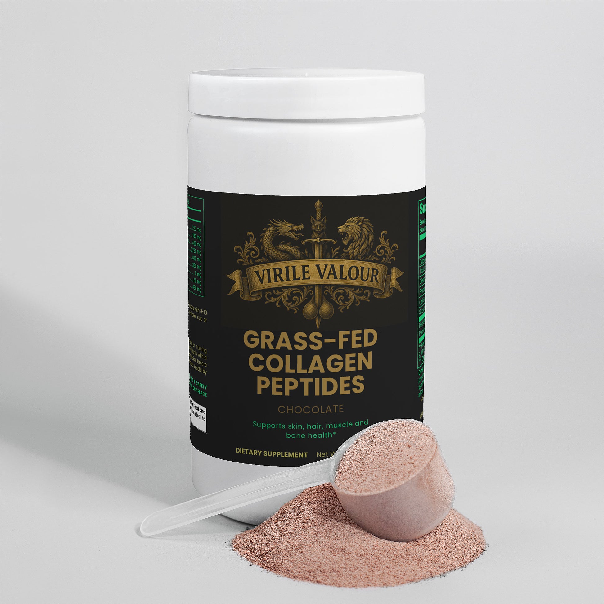 Container of Virile Valour grass-fed collagen peptides with a scoop of powder on a light gray background