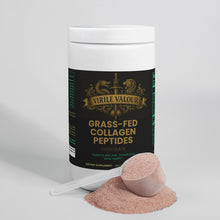 Container of Virile Valour grass-fed collagen peptides with a scoop of powder on a light gray background