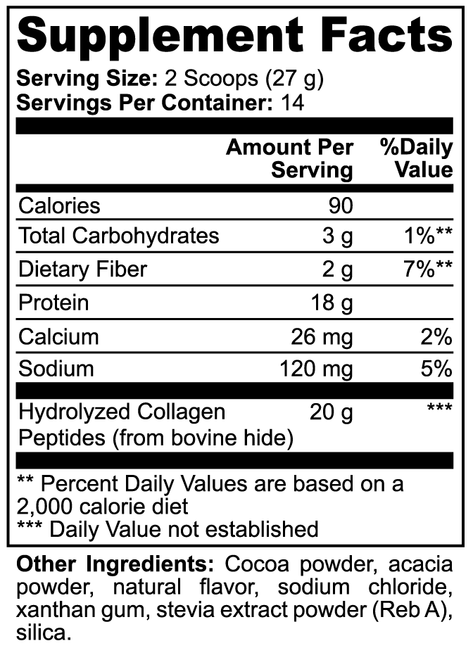 Virile Valour Grass-Fed Collagen Peptides Powder Chocolate For Men Supplement Facts label with nutritional information on a white background