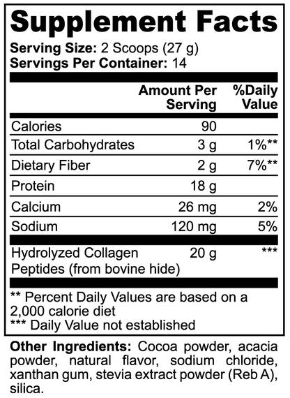 Virile Valour Grass-Fed Collagen Peptides Powder Chocolate For Men Supplement Facts label with nutritional information on a white background