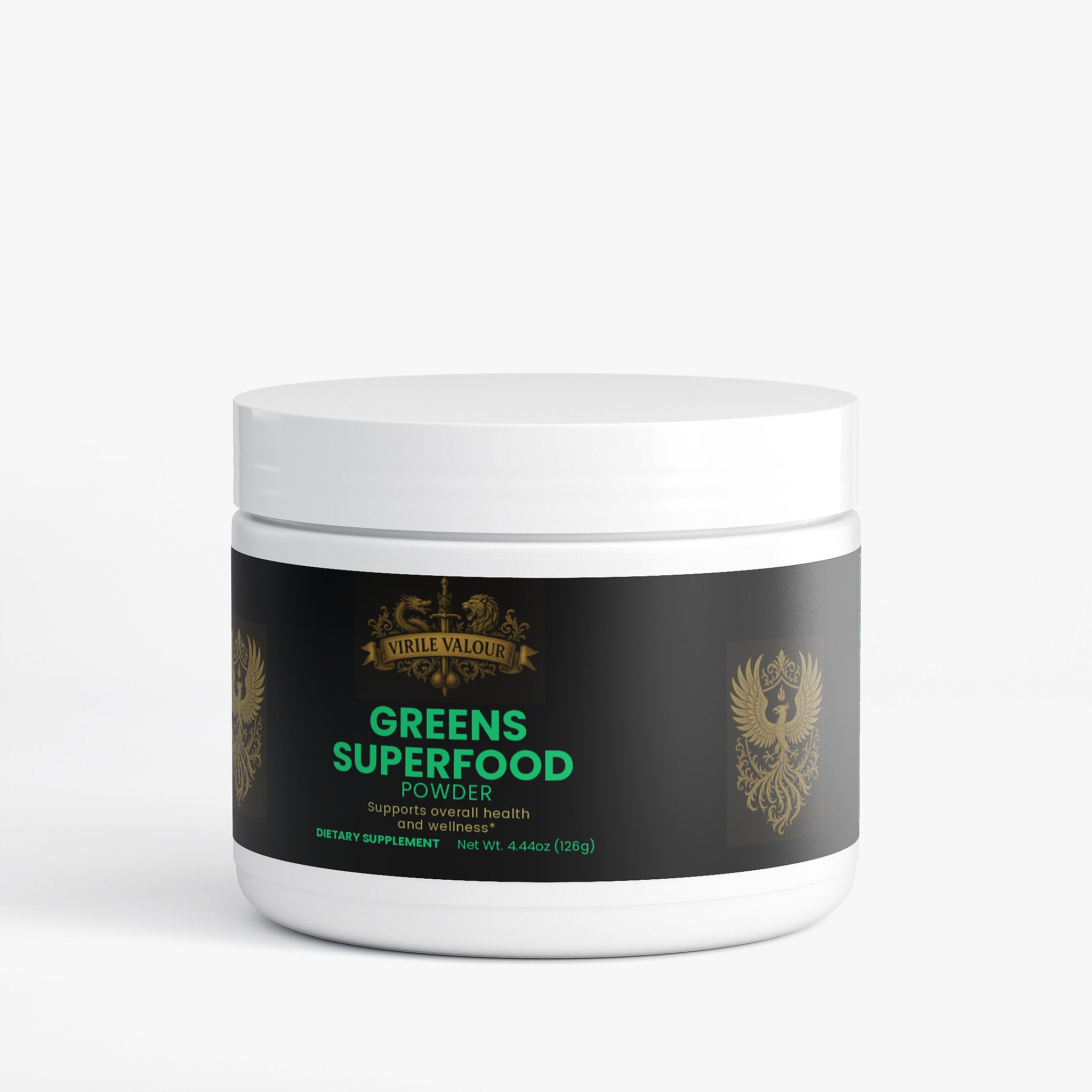 Jar of Greens Superfood Powder with Virile Valor branding on a white background