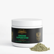 Jar of Greens Superfood Powder with visible green powder on a white background