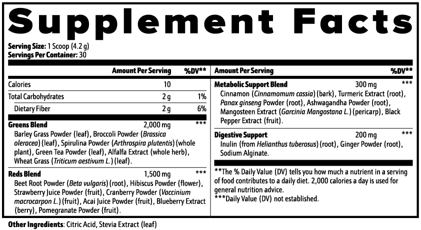 Virile Valour Greens Super food For Men Supplement facts label with detailed nutritional information on a white background