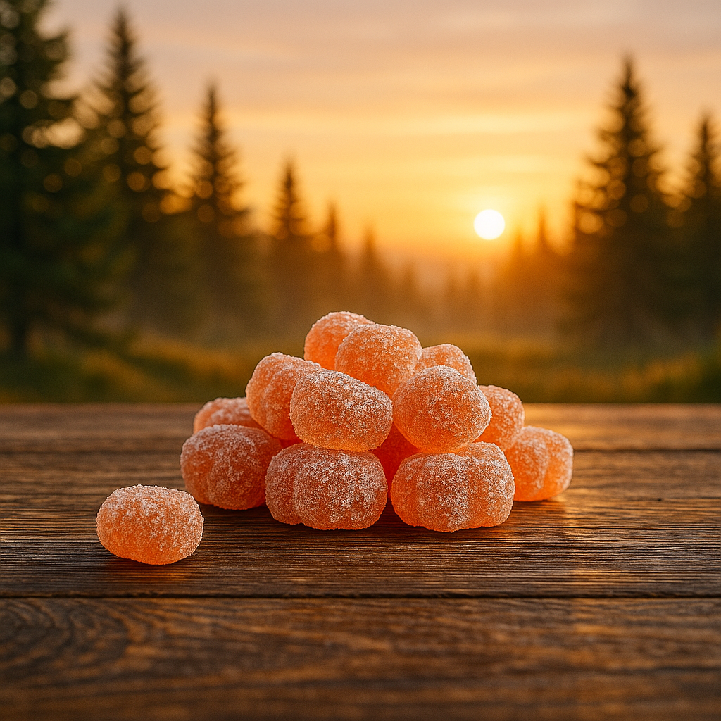 Virile Valour Gummies For Men Health of orange gummies on a wooden surface with a sunset and trees in the background