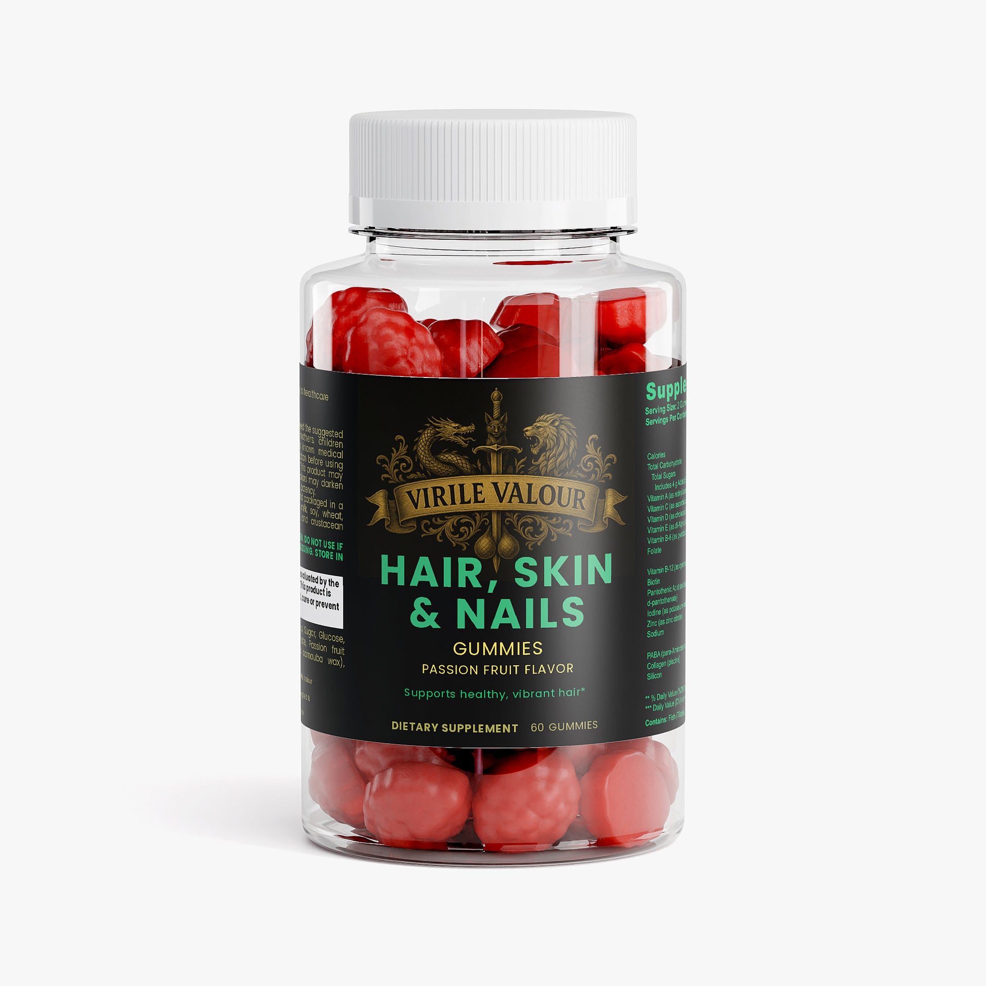 Bottle of Virile Valour hair, skin, and nails gummies with red gummy bears inside on a white background
