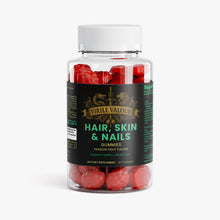 Bottle of Virile Valour hair, skin, and nails gummies with red gummy bears inside on a white background