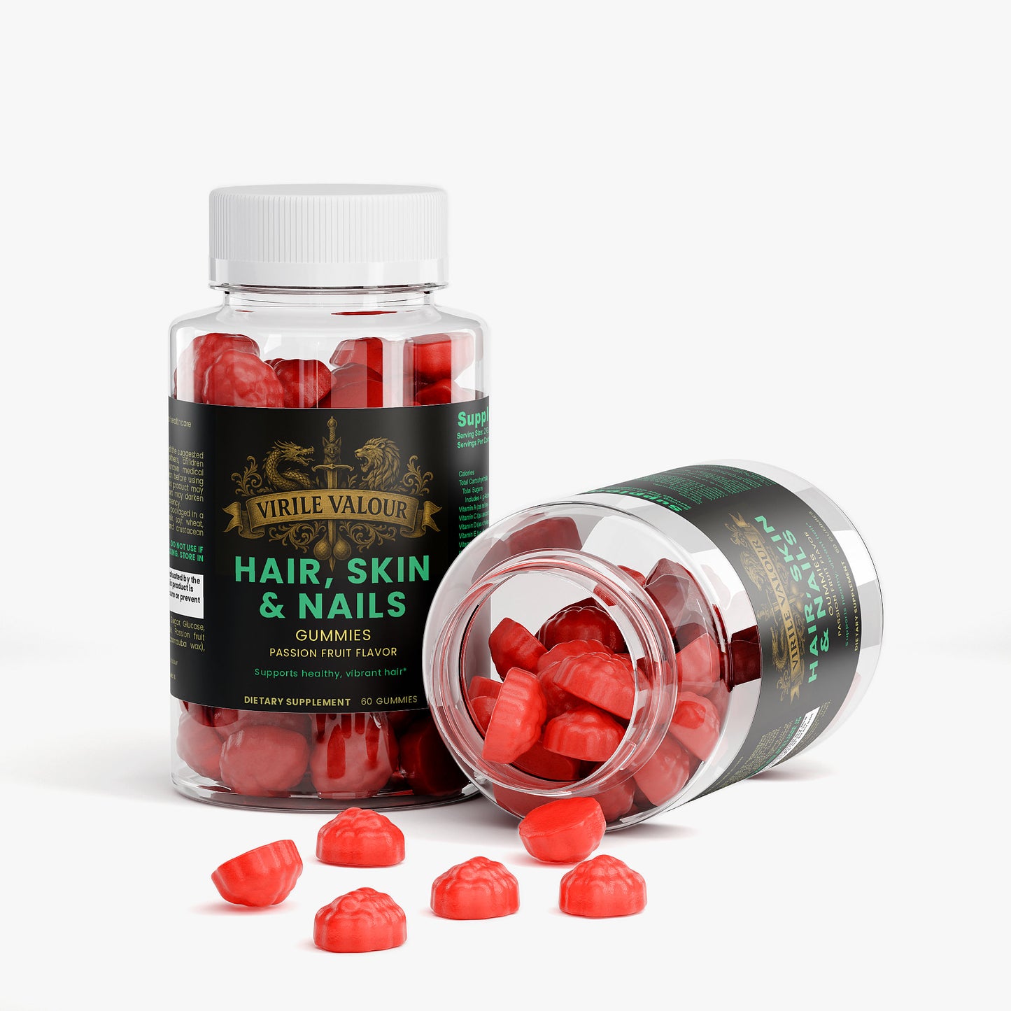 Bottle of Virile Valour Hair, Skin & Nails gummies with scattered gummies on a white background