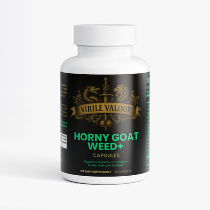 Supplement bottle labeled 'Horny Goat Weed+' with branding on a white background