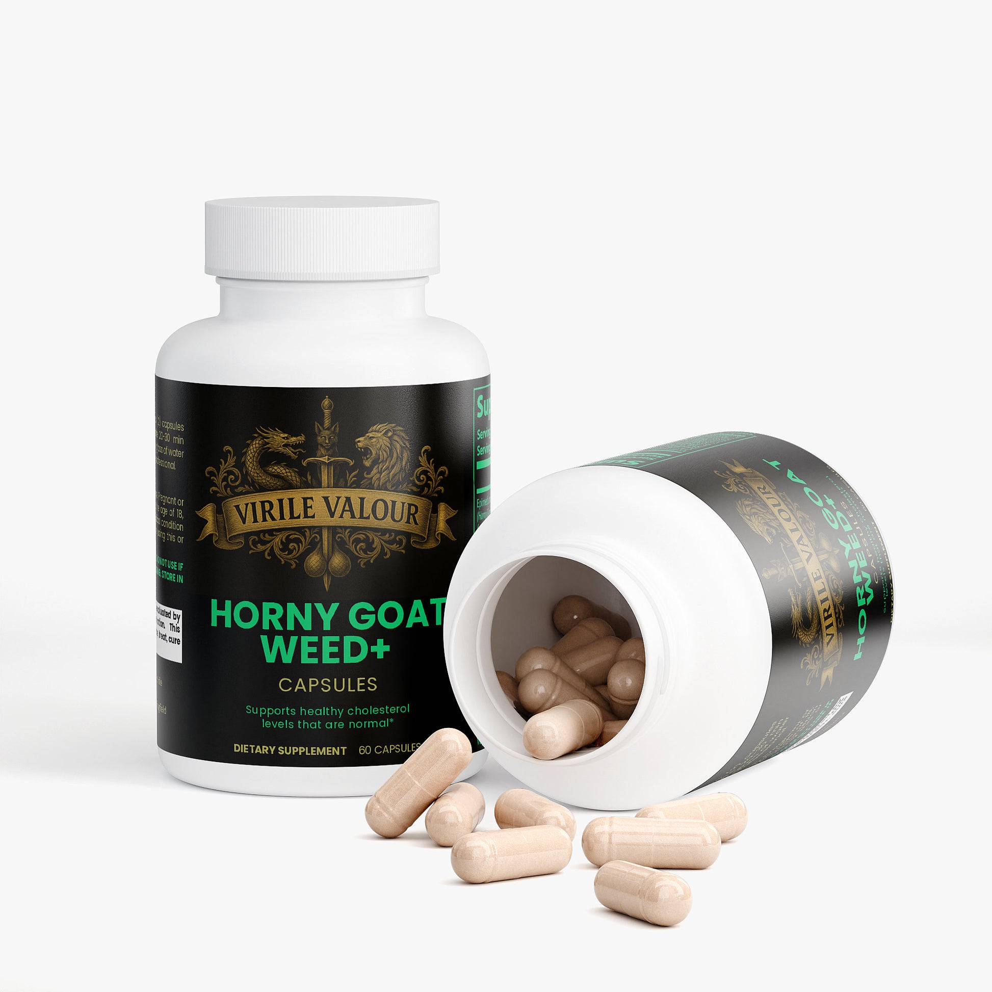 Virile Valour Horny goat weed capsules with open bottle on a white background