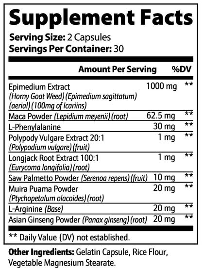 Virile Valour Horny Goat Weed Blend For Men Supplement facts label with various ingredients and their amounts per serving.