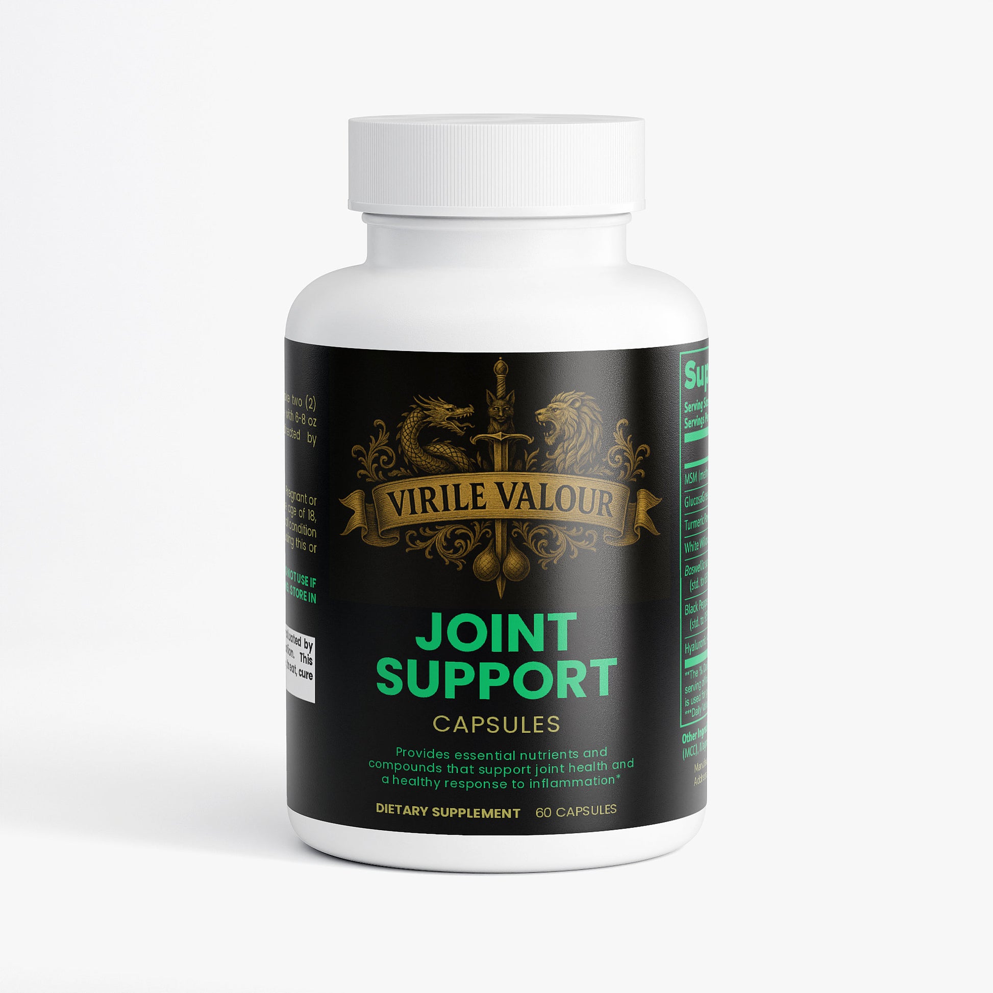 Bottle of Virile Valour Joint Support Capsules on a white background