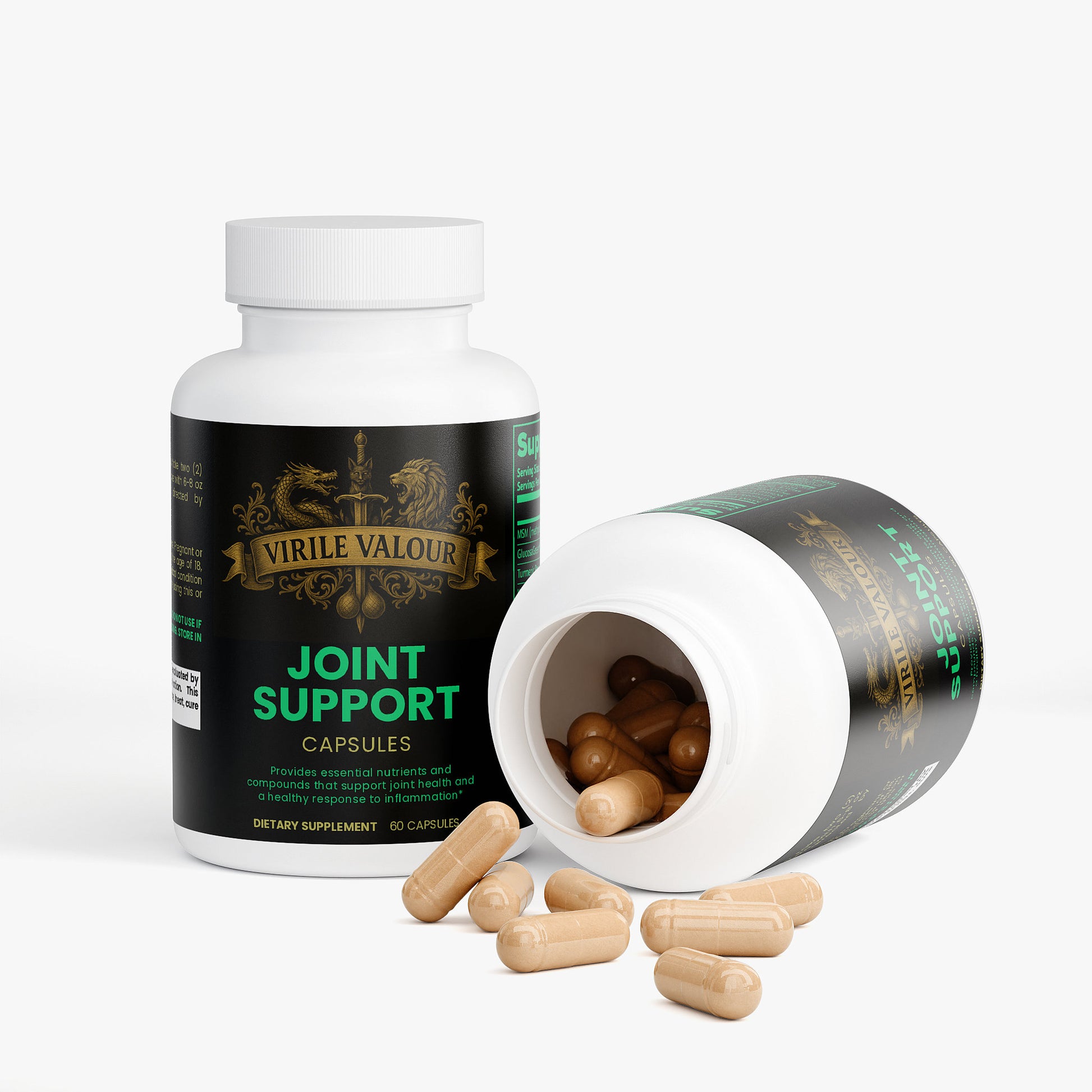 Virile Valour Joint Support capsules with open bottle on a white background