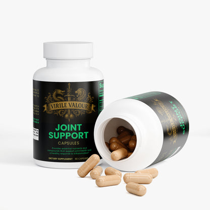 Virile Valour Joint Support capsules with open bottle on a white background