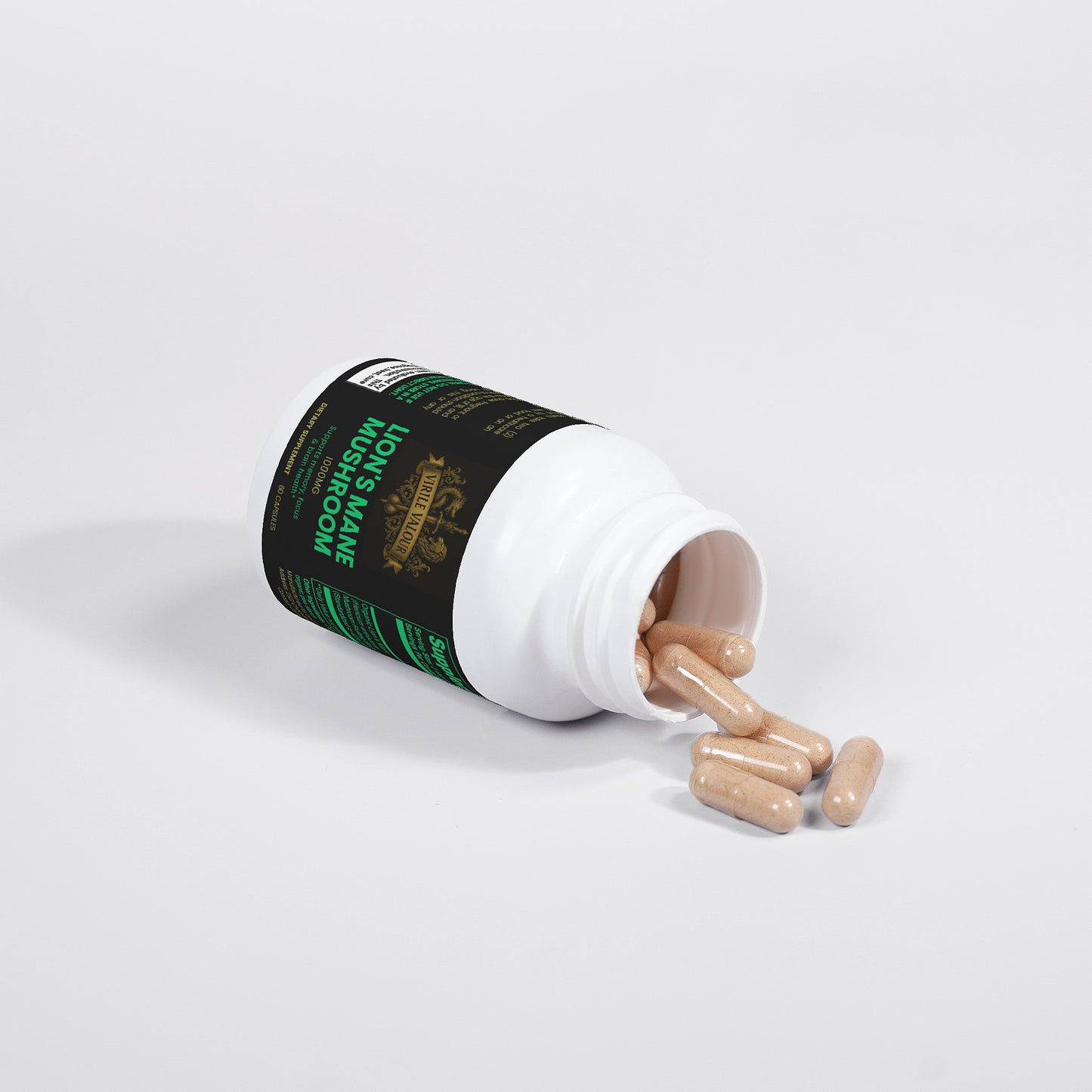 Virile Valour Lions Mane Mushroom For Men open bottle with capsules spilling out on a white background