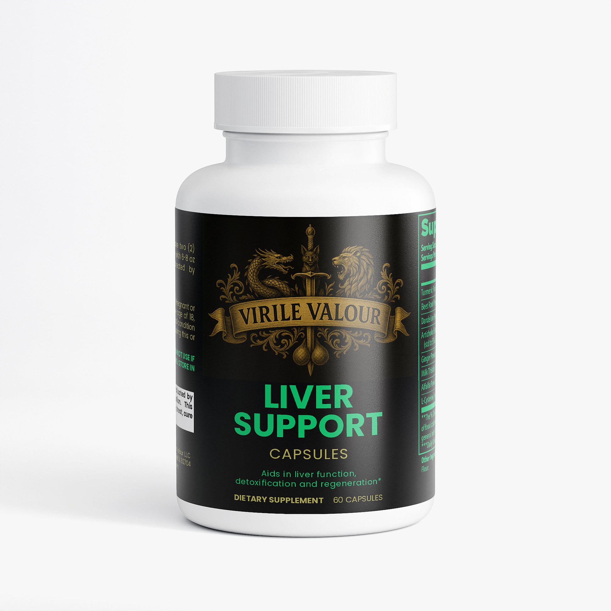 Supplement bottle labeled 'Virile Valour Liver Support' on a white background