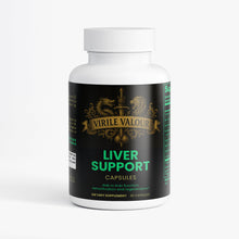 Supplement bottle labeled 'Virile Valour Liver Support' on a white background