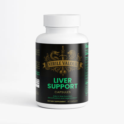 Supplement bottle labeled 'Virile Valour Liver Support' on a white background