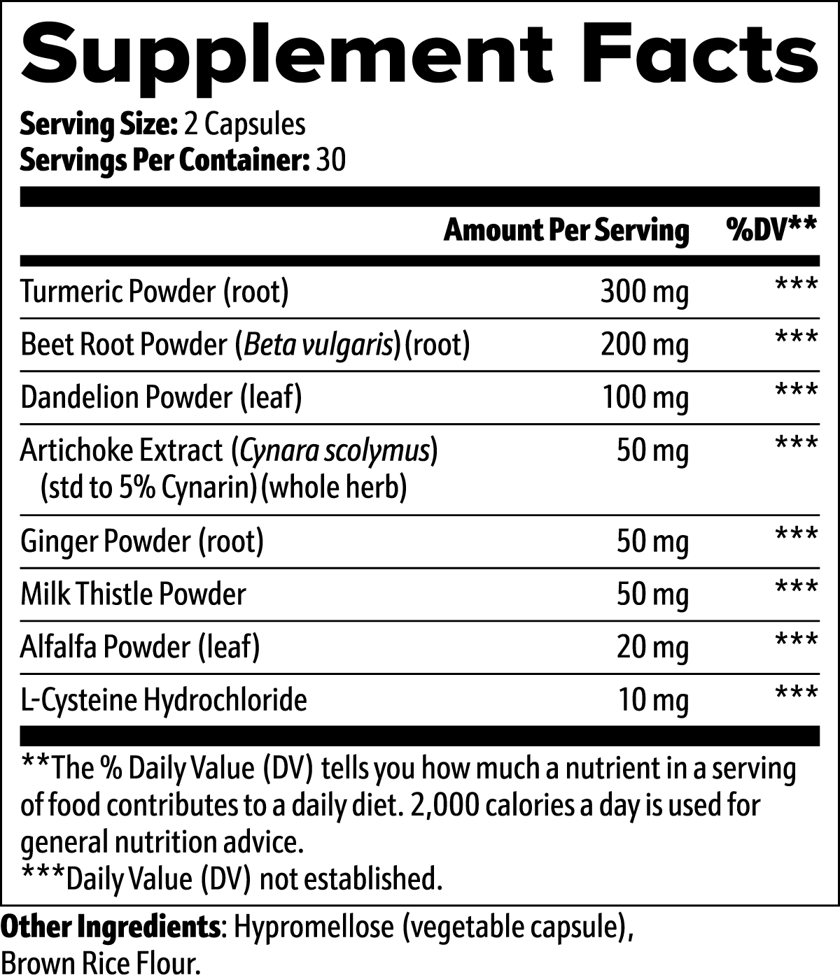 Virile Valour Liver Support For Men supplement facts label with various ingredients and their amounts per serving.