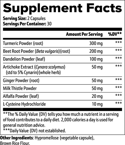 Virile Valour Liver Support For Men supplement facts label with various ingredients and their amounts per serving.