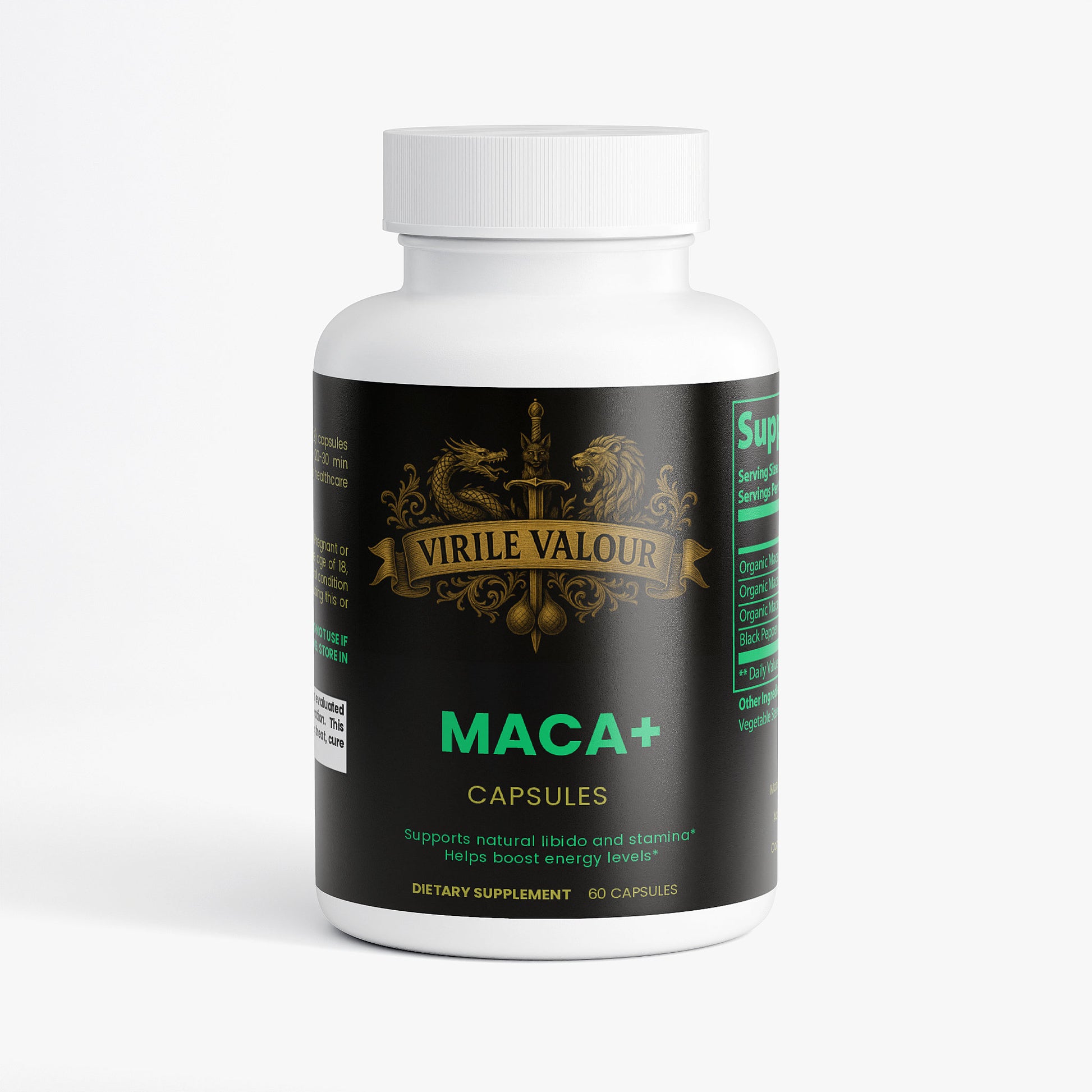 Supplement bottle labeled 'Virile Valour Maca+' on a white background