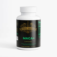 Supplement bottle labeled 'Virile Valour Maca+' on a white background