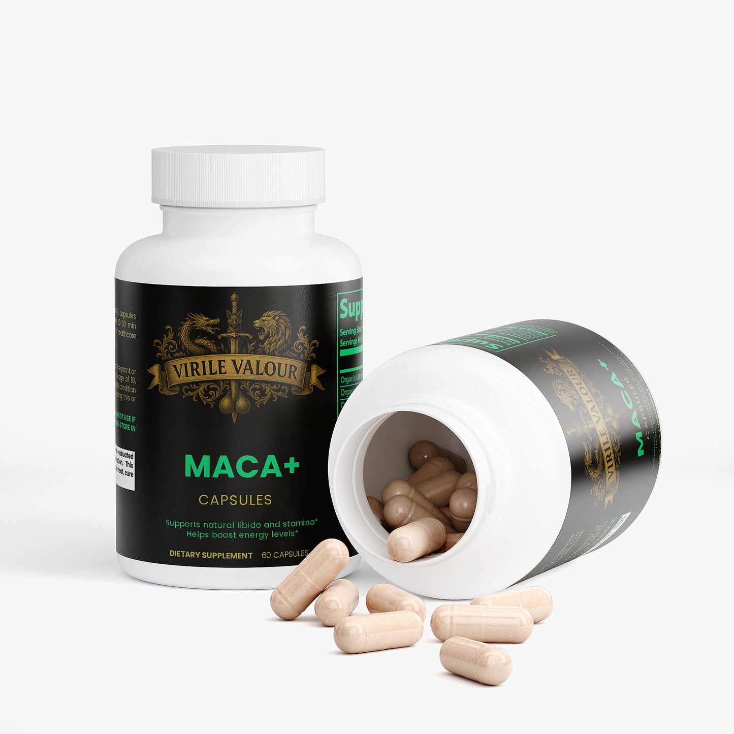 Supplement bottle labeled 'Virile Valour' with open cap showing capsules on a white background