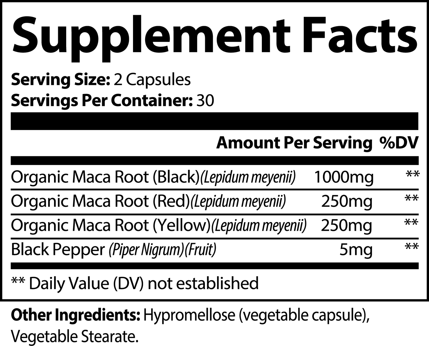 Virile Valour Maca Plus For Men supplement facts label for a product containing organic maca root and black pepper.