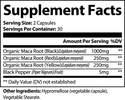Virile Valour Maca Plus For Men supplement facts label for a product containing organic maca root and black pepper.