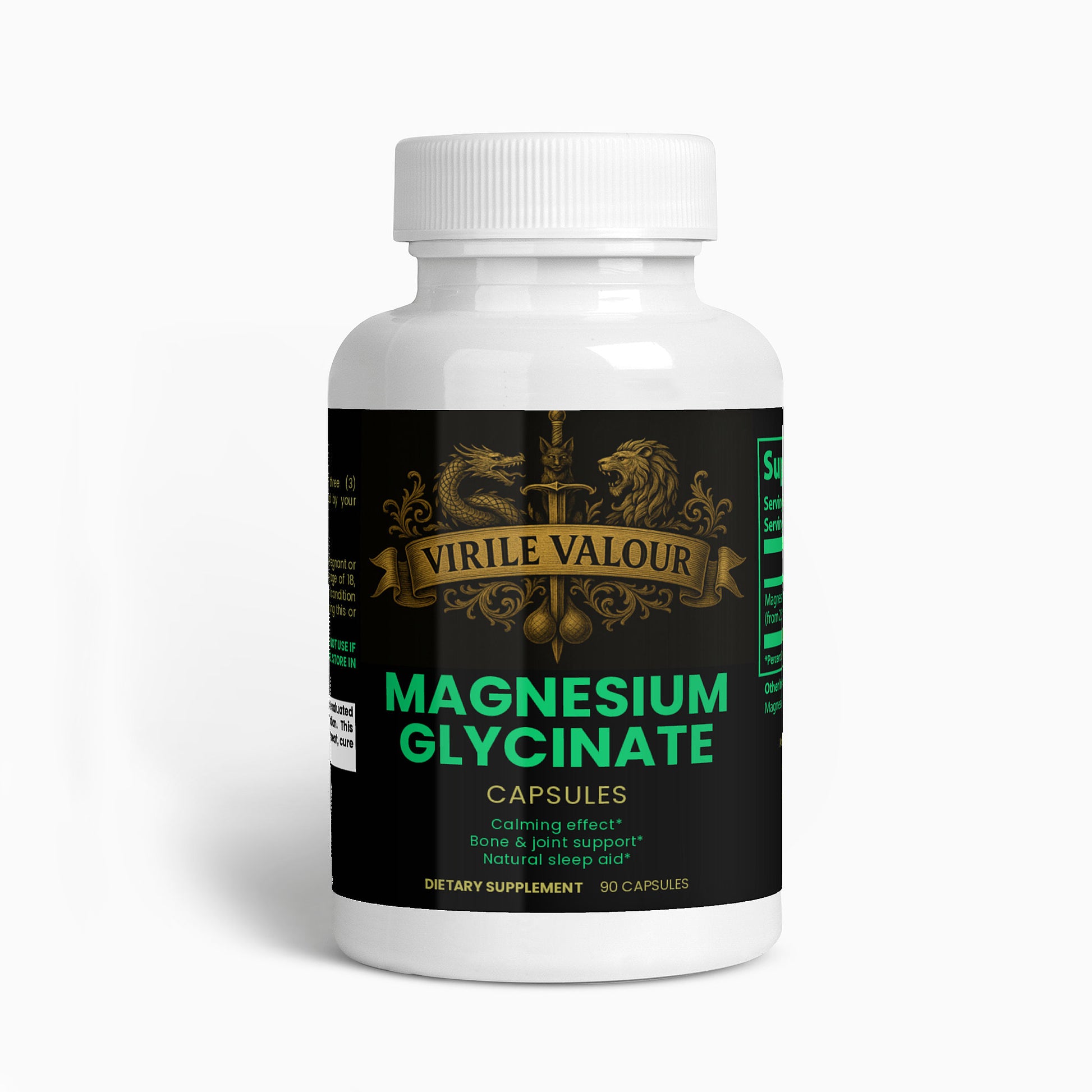 Bottle of Virile Valour Magnesium Glycinate capsules on a white background