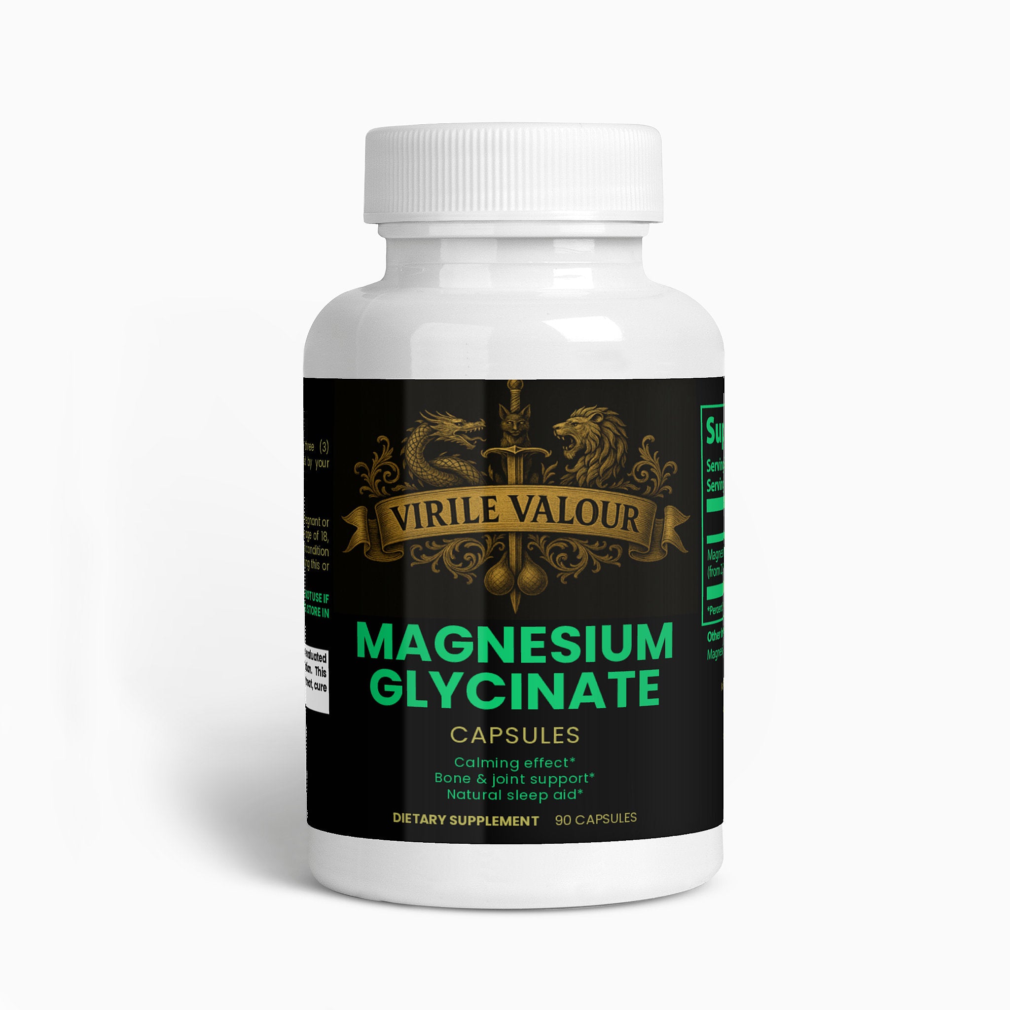 Bottle of Virile Valour Magnesium Glycinate capsules on a white background